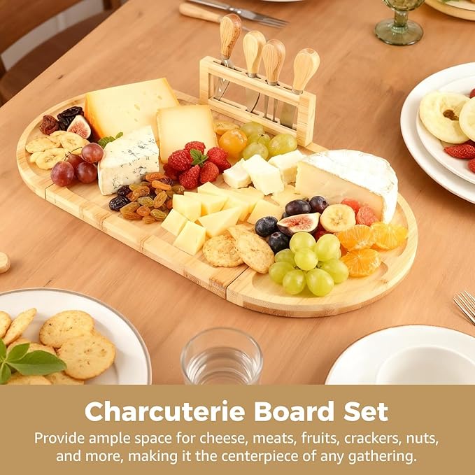 Bosreroy Wood Cheese Board And Appetizer Serving Tray, Detachable 22.8 X 11.5 In Charcuterie Platter, With Knives, Serving Board For Parties And Gatherings