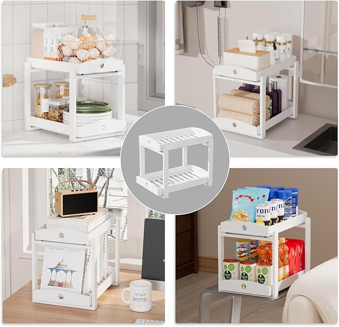 Bamboo Wood Under Sink Organizer 1 Pack, Pull Out Cabinet Organizer 2 Tier Under Sink Organizers and Storage with Sliding Drawer Sturdy Easy Assembly for Kitchen Bathroom Undersink (White, 2 Packs)