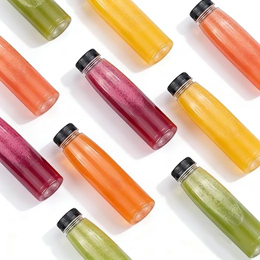 Holotap 48 Pack Empty PET Plastic Juice Bottles 8 OZ Clear Disposable Bulk Plastic Bottles for Liquids with Black Tamper Evident Caps (8 OZ, Black)