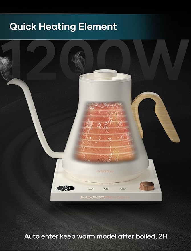 INTASTING Electric Kettle, Gooseneck Electric Kettle, ±1℉ Precise Temperature Control, Stainless Steel Interior, Quick Heating for Pour Over Coffee, Tea & Boiling Water, 0.9L (Cream)