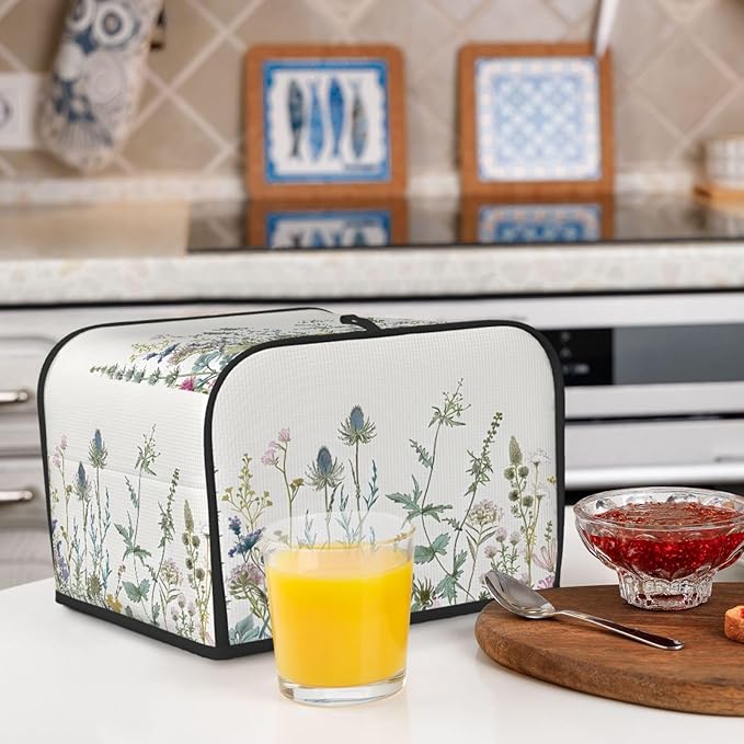 Toaster Cover 4 Slice Wildflowers Leaves Waterproof Appliance Cover with Hang Loop Bread Baker Toaster Cover for Kitchen
