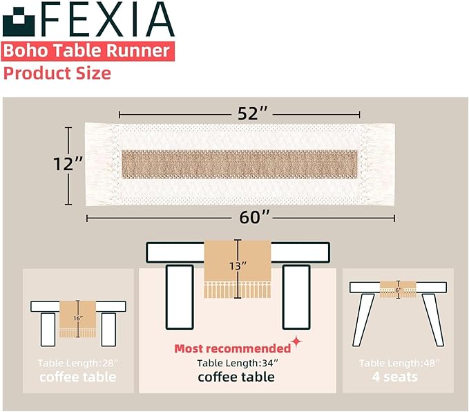 FEXIA Boho Table Runner with Tassels 60 Inches Long Christmas Thanksgiving Farmhouse Rustic Cream & Brown Macrame Table Runner for Home Dining Bedroom Bridal Shower Decor(12x60 Inches)