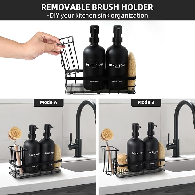 Dish Soap Dispenser for Kitchen, 16.9 fl oz Black Hand and Dish Soap Dispenser Set, Kitchen Soap Dispenser with Sponge Holder, Brush Holder and Loofah Sponge, Countertop Sink Organizer Accessories