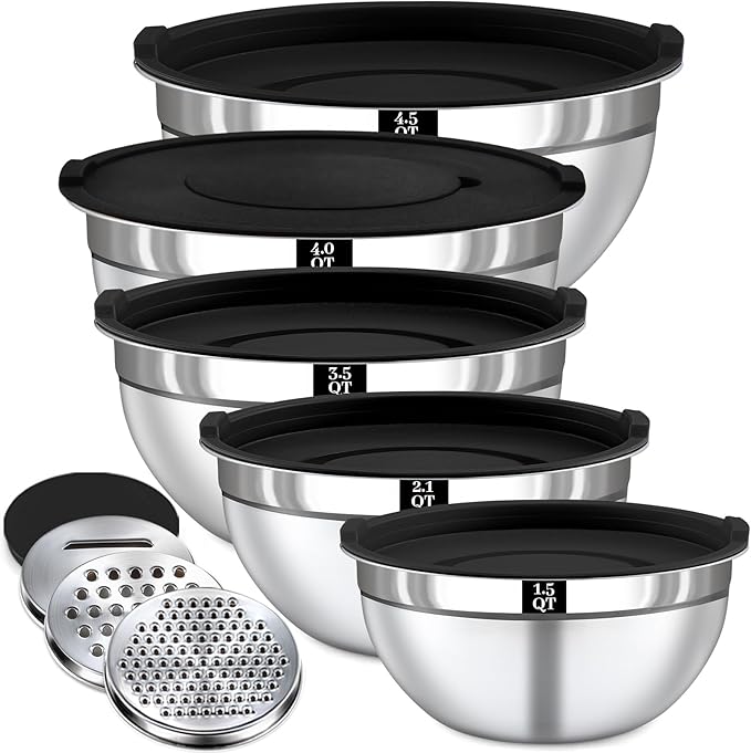 8PCS Mixing Bowls with Lids Set - 5 Nesting Mixing Bowls, 3 Grater Attachments, Lids, Stainless Steel Mixing Bowls for Mixing & Serving, Size 1.5/2.1/3.5/4/4.5 QT, Black