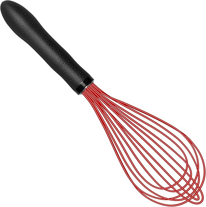 TEEVEA Silicone Whisk Non Scratch Wisking Tool, Metal Wire Stainless Steel Whisk - Small Mini Heat Resistant - Black & Red, 11-Inch