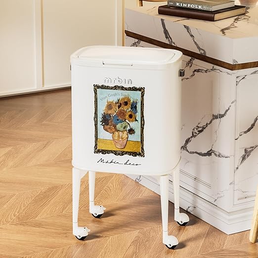 MRBIN 23L Art Decor Trash Can with Wheels, Press-to-Open Lid, Tall Standing Garbage Bin with Lockable Casters, Metal Waste Basket for Kitchen, Living Room, Bedroom, Cream White