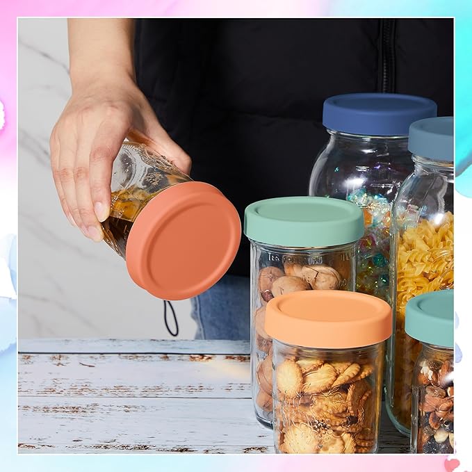 Teenyyou 6 Pcs Silicone Wide Mouth Lids Mason Jar Lids Thickened Leak Proof Lid for 86 mm All Wide Mouth Mason Jars, Reusable Large Canning Jar Caps(Vintage Color)