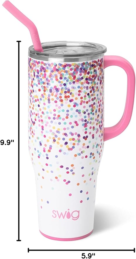 Swig Life 40oz Mega Mug, 40 oz Tumbler with Handle and Straw, Cup Holder Friendly, Dishwasher Safe, Stainless Steel, Lightweight Extra Large Insulated Glitter Water Bottle, Glitter Gifts (Confetti)