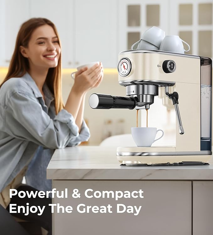 atatix 20 Bar Espresso Machine with Milk Frother, Compact Espresso Maker, Stainless Steel Coffee Machine with Precise Temp Control & 44oz Removable Water Tank for Latte, Cappuccino, Creamy White
