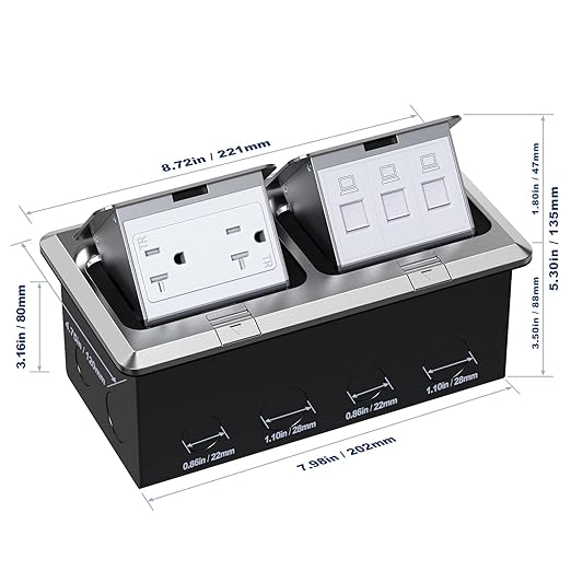 KYHSHJ Dual Pop-Up Floor Electrical Outlet Box Kit，20 Amp Stainless Steel TR Tamper-Resistant Duplex Receptacle，3-Port RJ45 Datacom Receptacle，Silver