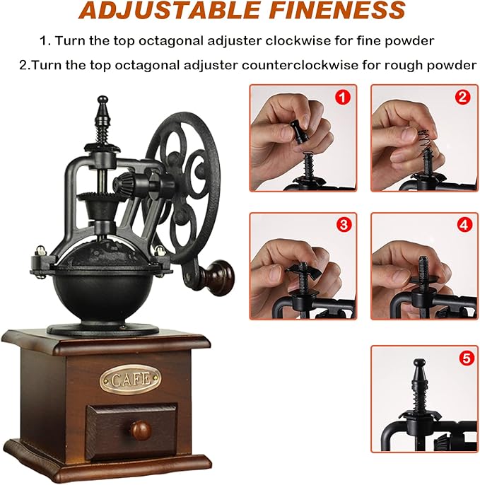 Burr Coffee Grinder, Vintage Style Wooden Hand Grinder, Classic French Press Coffee Mill With Brush