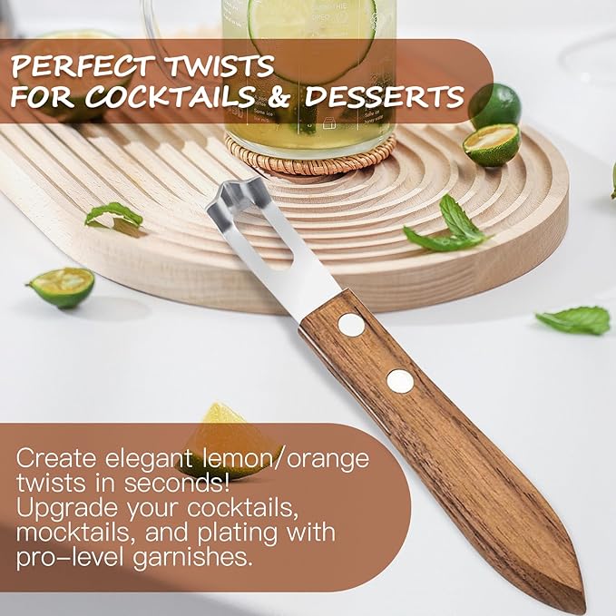 Channel Knife for Zesting Stainless Steel Bar Tool with Wood Handle, Curved Blade for Lemon/Orange Twists Cocktail Garnish Tool for Bartenders & Home Mixologists