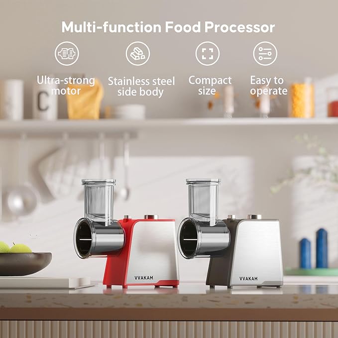 5-In-1 Electric Cheese Grater,300W Salad Maker,Electric Grater for Block Cheese,Kitchen Electric Food Slicer Shredder,Chopper for Vegetables Cucumber Carrots Cabbage Nuts(Red)