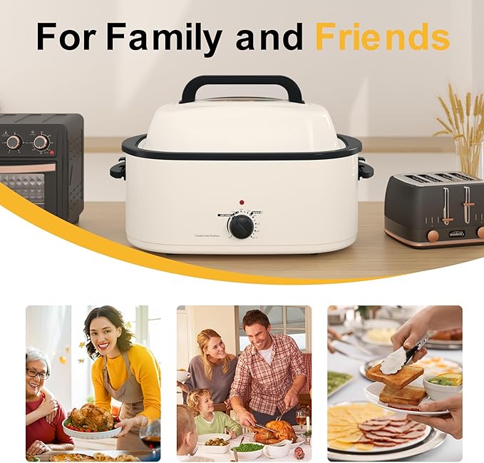 RoyalCraft 24-Quart Electric Roaster Oven with Visible Self-Basting Lid, Turkey Roaster Oven with Removable Pan and Rack, Perfect for Large Meals and Holiday Feasts, White