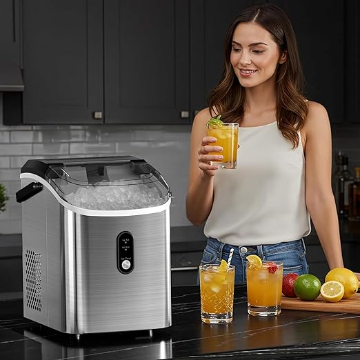 Antarctic Star Nugget Ice Maker Countertop, 34 lbs/Day Pellet Ice Machine with Self-Cleaning, Fast Ice Ready in 10 Minutes, Portable Ice Maker with Handle for Home, Office(Stainless Steel Silver)