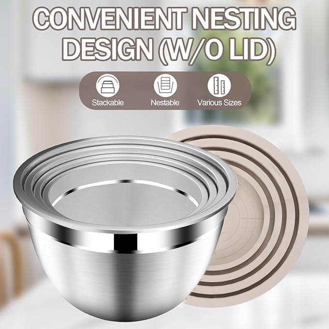 DUTZUN Stainles Steel Mixing Bowls with Lids Set, Stackable Metal Mixing & Serving Bowl with Strainer, 5-Piece - Beige