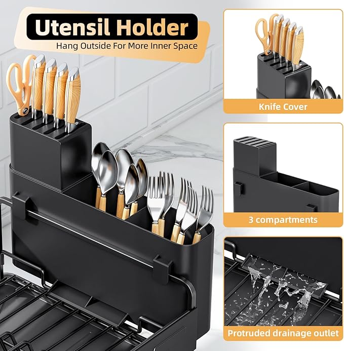 Urackify Dish Drying Rack for Kitchen Counter, Countertop Dish Rack with Drainboard, Multifunctional Dish Drainer with Cups Holder & Cutting Board, Home Plate Storage Rack with Cutlery Holder, Black