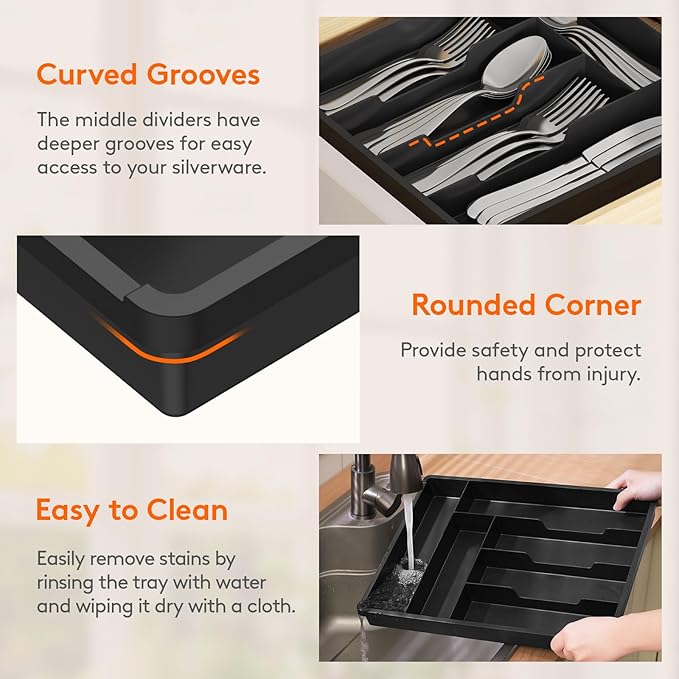 Lifewit Silverware Drawer Organizer Tray, Plastic Cutlery Storage for Kitchen, Flatware and Utensil Holder Divider for Spoons Forks Knives Tableware, 12.3 x 16", 6 Slots, Black