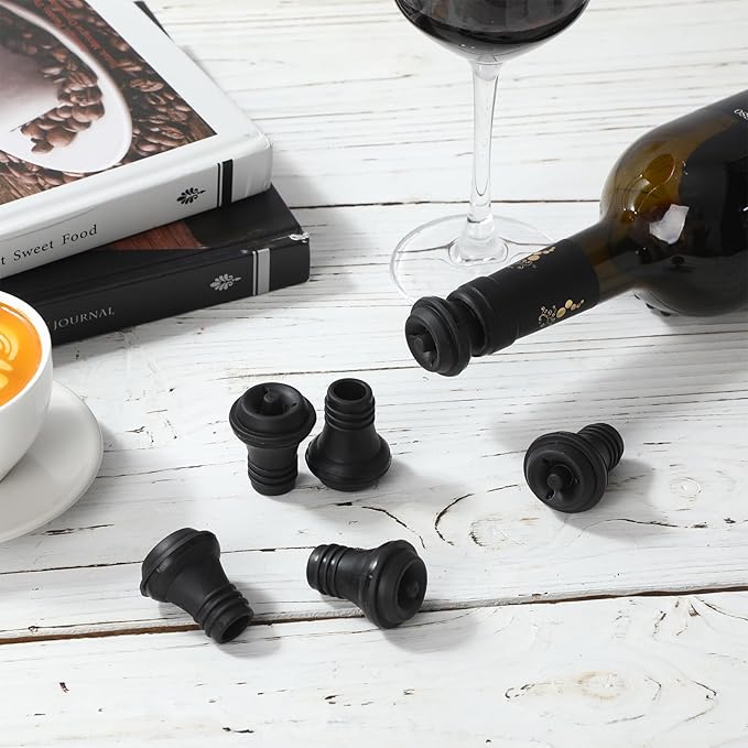 Honoson 6 Pieces Wine Stopper Resealable Pump Vacuum Silicone Saver Practical for Kitchen Supplies Bottle Tools (Black)