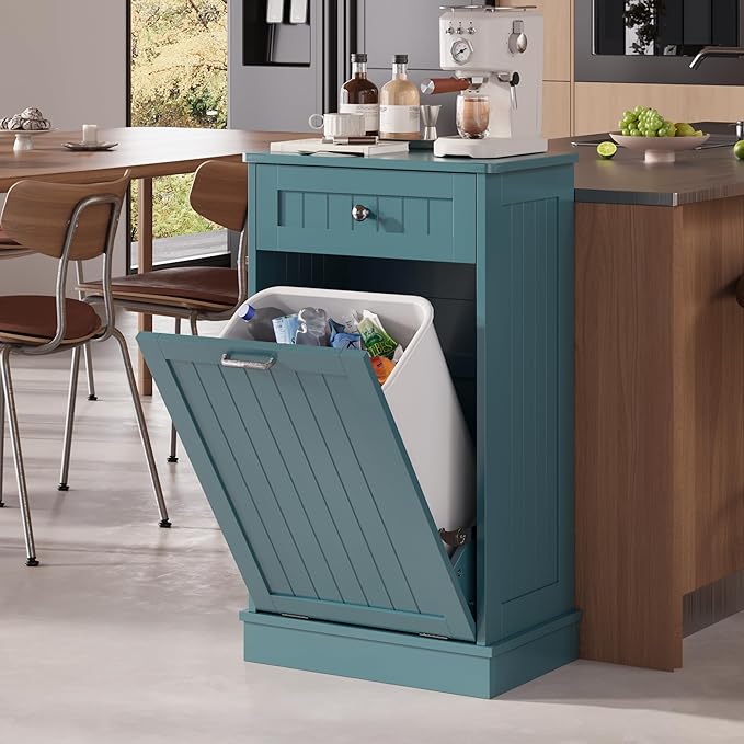 KIGOTY Tilt Out Trash Cabinet,Wooden Kitchen Trash Bin Holder Garbage Bin Recycling Cabinet Laundry Hamper with Solid Wood Countertop and Hideaway Drawer (Teal Blue)