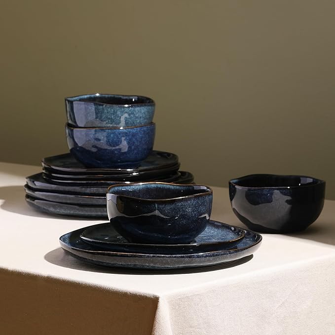 Stone Lain Mirella 12-Piece Stoneware Dinnerware Set, Service for 4, Reactive Glaze, Deep Blue – Includes Dinner Plates, Salad Plates, and Bowls – Modern Artisanal Design