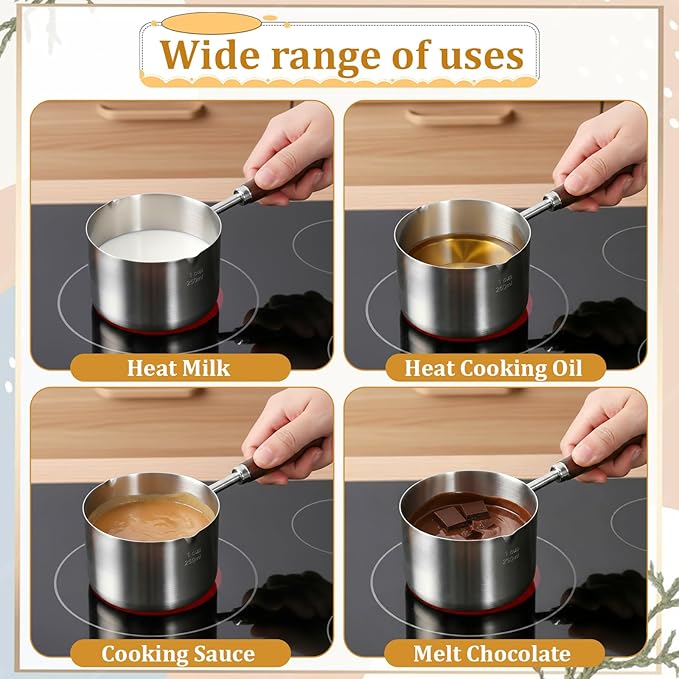 2 Pcs 8.5 oz/4.2 oz Mini Food Grade Stainless Steel Butter Warmer, Mini Food Warmer with Dual Spouts, Small Milk Saucepan with Wood Handle, for Coffee Milk Warming Chocolate Butter Melting