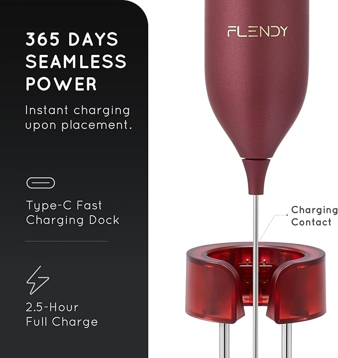 Flendy Rechargeable Milk Frother Handheld, Coffee Frother Handheld with USB-C Charging Stand, Electric Drink Mixer Handheld, Mini Electric Whisk Frother for Coffee, Matcha, etc