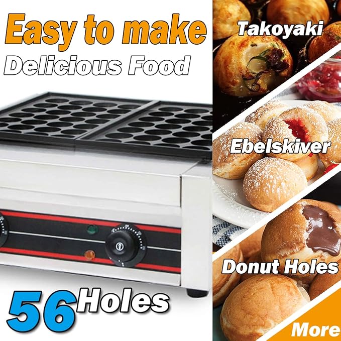 Takoyaki Maker Commercial Ebelskiver Pan 56 Holes Electric Grill Machine for Aebleskiver, Cake Pops, Pancake Balls, Donut Holes, 4000W, 220V