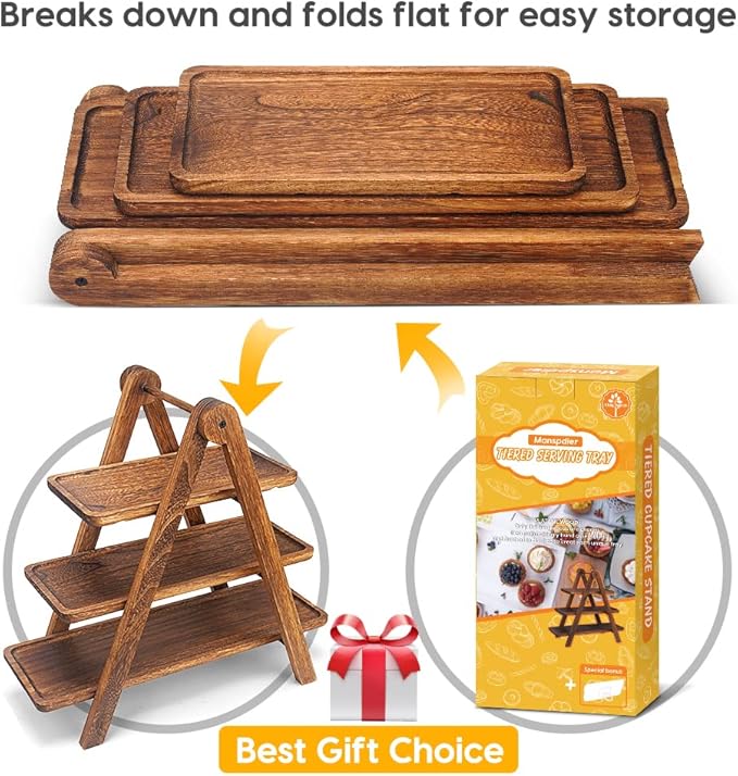 Manspdier Extra Large Wood 3 Tier Serving Tray Three Tiered Cupcake Stand, Rectangle Serving Platter Wooden Farmhouse Tiered Tray, Party Serving Brown Decorative Tray Decor