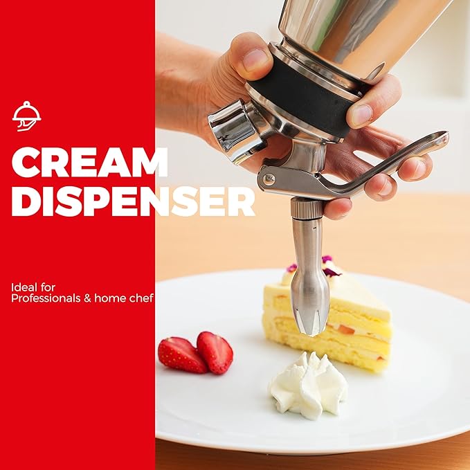 Whipped Cream Dispenser Stainless Steel Keep Warm and Cold,500mL/1 Pint Double Wall Thermos Whipped Cream Maker,5 Various Stainless Decorating Nozzles,1 Cleaning Brush,N2O Chargers NOT Included