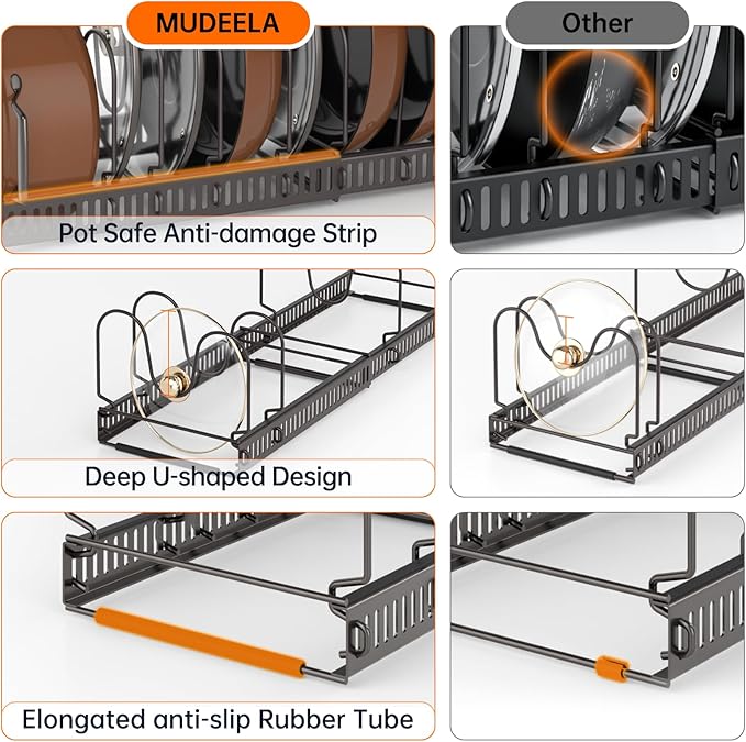 MUDEELA Pots and Pans Organizer Rack for under Cabinet, Expandable Pot Lid Kitchen Cabinet Organizer Holder with 10 Adjustable Compartment Cutting Board Organizer for Pan Lid Cookie Sheet Rack, Bronze