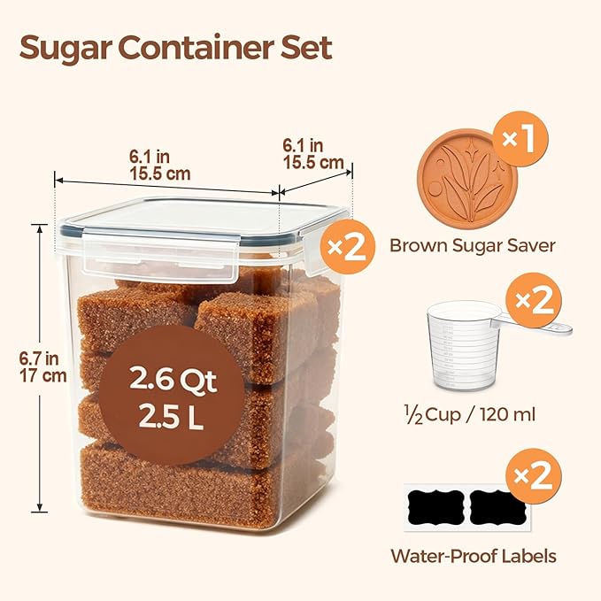 ComSaf Brown Sugar Container Set of 2 (2.5L/2.6Qt), Airtight Food Storage Containers with Lids and Terra Cotta Brown Sugar Saver, Plastic Canisters Sets for Kitchen, Pantry Organizer for Flour, Baking