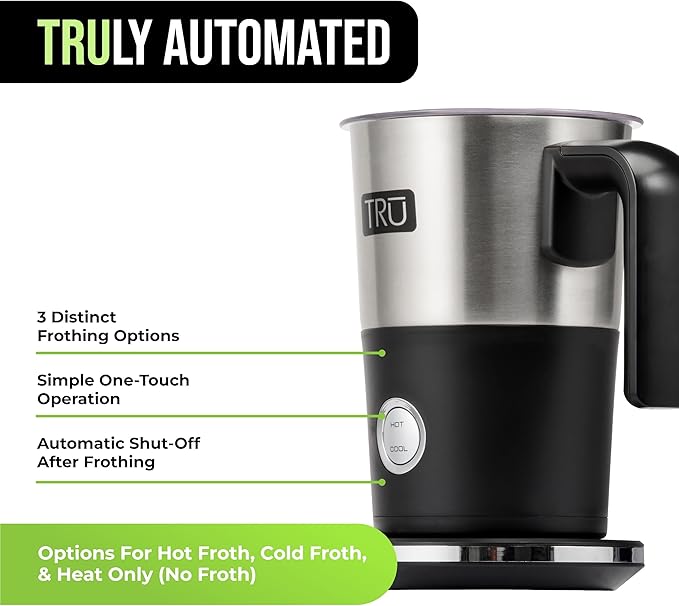 TRU Electric Milk Frother - Foam Maker for Lattes, Cappuccinos, Iced Coffee & More - One-Touch Operation & Precision Spout - Hot & Cold Milk Frother with Automatic Shut-Off - 10 Oz