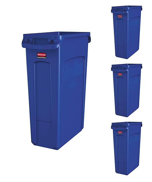 Rubbermaid Commercial Products Slim Jim Trash/Garbage Can with Venting Channels, 23-Gallon, Blue, for Kitchen/Office/Workspace, Pack of 4