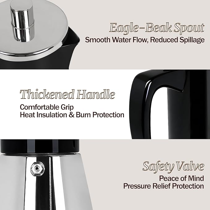 6 Cup Thickened Moka Pot 304 Stainless Steel 300ml Italian Espresso Coffee Maker Stovetop CoffeeMakers Mocha Pot Percolator for Induction Stove Classic Cafe Makers Portable for Easy Brewing