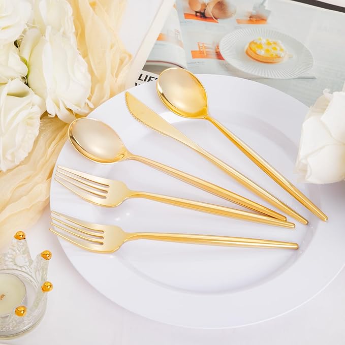 Supernal 180PCS Gold Plastic Silverware Gold Silverware Disposable Cutlery Plastic Utensils Heavy Duty Disposable Utensils Includes: 60 Knives, 60 Forks and 60 Spoons for Party, Birthday, Wedding