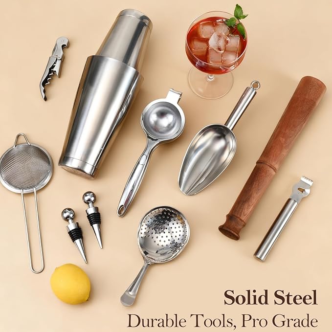 ETENS 33-Piece Professional Bartender Kit with Weighted Boston Shaker – High End Mixology Set for Home Bar – Stainless Steel Barware Tool Set Unbreakable Citrus Squeezer, Ice Scoop & Mixing Glass