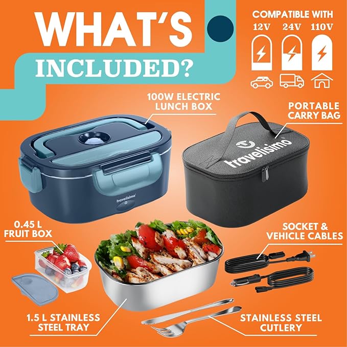 TRAVELISIMO Electric Lunch Box for Adults 100W Heated Lunch Box For Men 1.5L Stainless Steel Portable Food Warmer, 12/24/110V for Travel & Work, Loncheras Electricas Para Calentar almuerzo