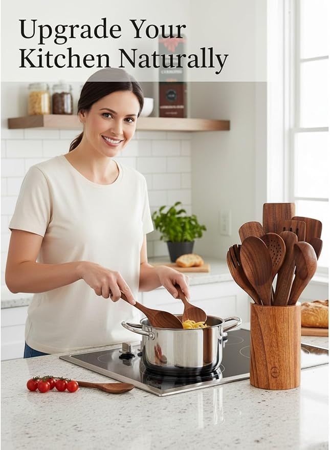 Natural Teak Wood Kitchen Utensil Set - 12 Piece Cooking Spoons & Spatulas with Large Spoon Holder & Rest, Non-Stick Heat Resistant Wooden Tools, Food-Safe Eco-Friendly Organizer