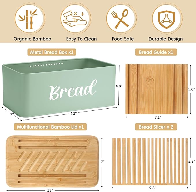 Bread Box with Bread Slicer Storage Container for Kitchen Countertop Food Storage with Multifunction Bamboo Lid, 3 in 1 Breadbox Removable Cut Board for Loaf Slicing(Green,Wood,Metal,Bamboo)