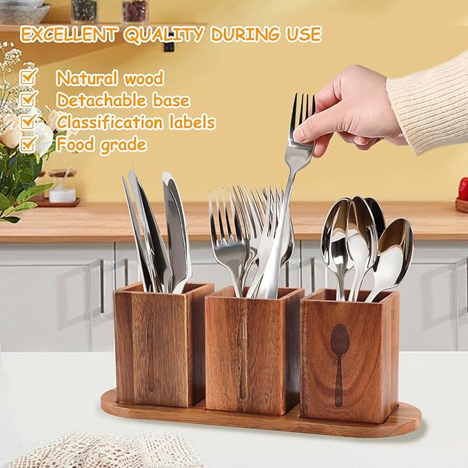 Qivine Acacia Wood Utensil Holder, Wooden Silverware Holder Countertop Utensil Organizer Silverware Organizer with Tray, Kitchen Utensil Organizers for Forks, Spoons, Knives (Acacia)