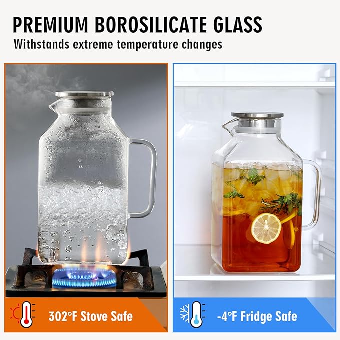 2 Pack 1 Gallon Square Glass Pitcher with Lid and Spout, Borosilicate Glass Carafe for Hot/Cold Drink, Water Pitchers with Handle for Fridge, Extra Large Jug for Iced Tea, Coffee, Juice, Beverage