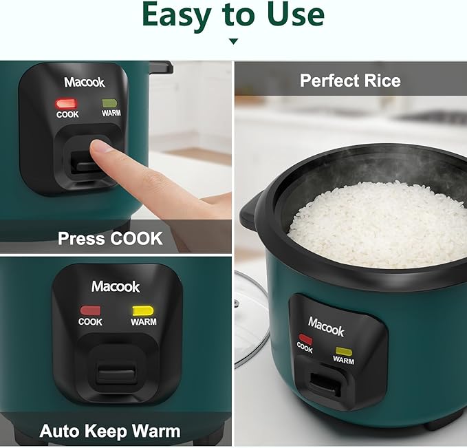 Macook Mini Rice Cooker | 6-Cup (0.6L) Small Rice Maker | One-Button Operation | Non-Stick Inner Pot | Automatic Keep Warm & Overheat-Proof | for 1-6 People, Students & Small Families (Green)