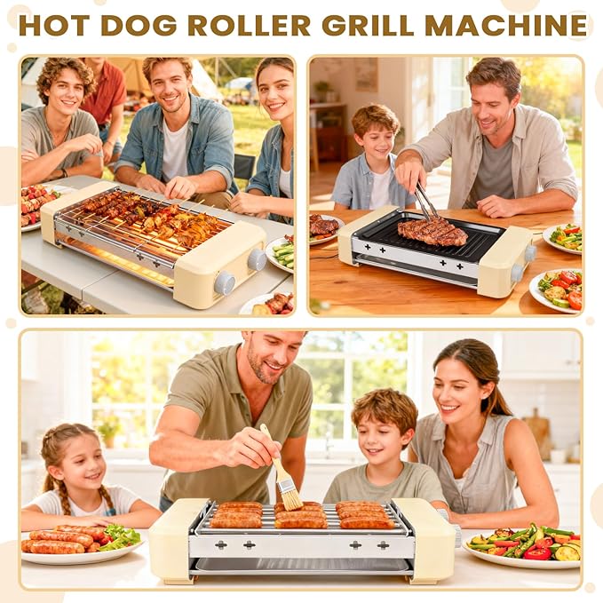 Electric Hot Dog Roller 3 in 1 Indoor Grills Portable with Non-stick & Smokeless Removable Grill & BBQ Griddle Plate, Stainless Sausage Grill Cooker Machine Fits 9 Sausage for Family Party