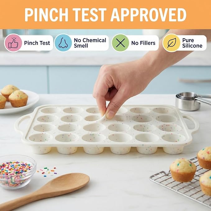 1-Pack - Silicone Mini Muffin Pan – 24-Cup, Nonstick Silicone Muffin Pans for Baking with Metal-Reinforced Handles, – BPA-Free Muffin Tin Tray for Mini Cupcakes & Snacks – Dishwasher Safe, Cream