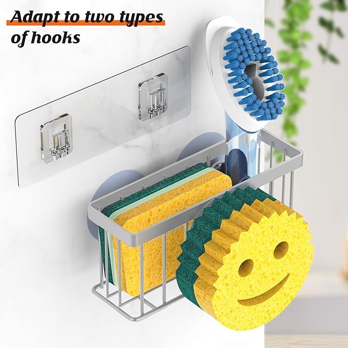 Sponge Holder Smiley Face,Sink Caddy,Kitchen Organizer with 2 Suction Cups/1 Adhesive Strips,Designed for Sponge,Soap,Dish Brush,Scrubber - Gray