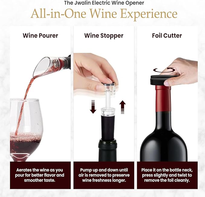 Rechargeable Electric Wine Opener Gift Set – 6-in-1 Automatic Wine Bottle Opener with Foil Cutter, Aerator Pourer, 2 Vacuum Stoppers & Base Stand – Perfect Wine Gift for Wine Lovers