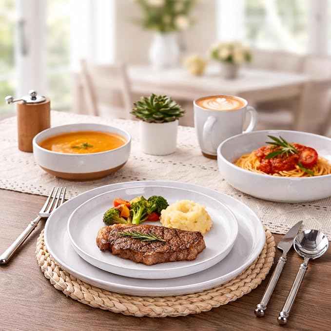 AmorArc Ceramic Dinnerware Sets with Pasta Bowls for 8, Handpainted Plates and Bowls Set with Rustic Terracotta Underside, Scratch Resistant Dishes Set, Dishwasher & Microwave Safe, 32 Pcs