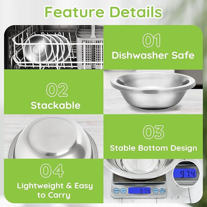 304(18/8) Stainless Steel Mixing Bowls for Kitchen, 2 Pack 7" 21.22 fl.oz Metal Mixing Bowls Set Stackable for Baking Serving Cooking Food Prep Storage Dishwasher Safe Lightweight