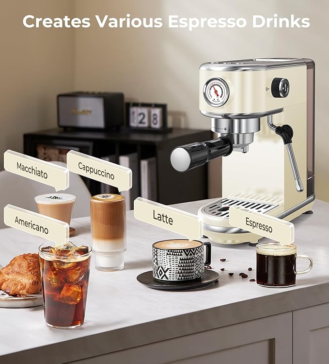 atatix 20 Bar Espresso Machine with Milk Frother, Compact Espresso Maker, Stainless Steel Coffee Machine with Precise Temp Control & 44oz Removable Water Tank for Latte, Cappuccino, Creamy White